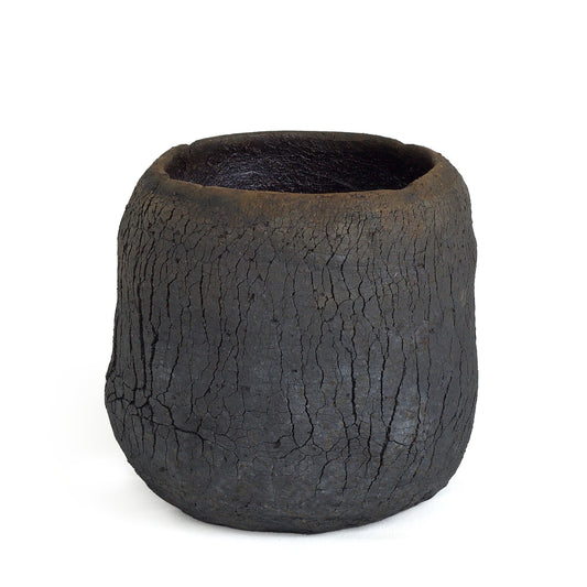 Modern Wildfire Vase Raku Ceramic Black Burnt and Metal Irregular Shape