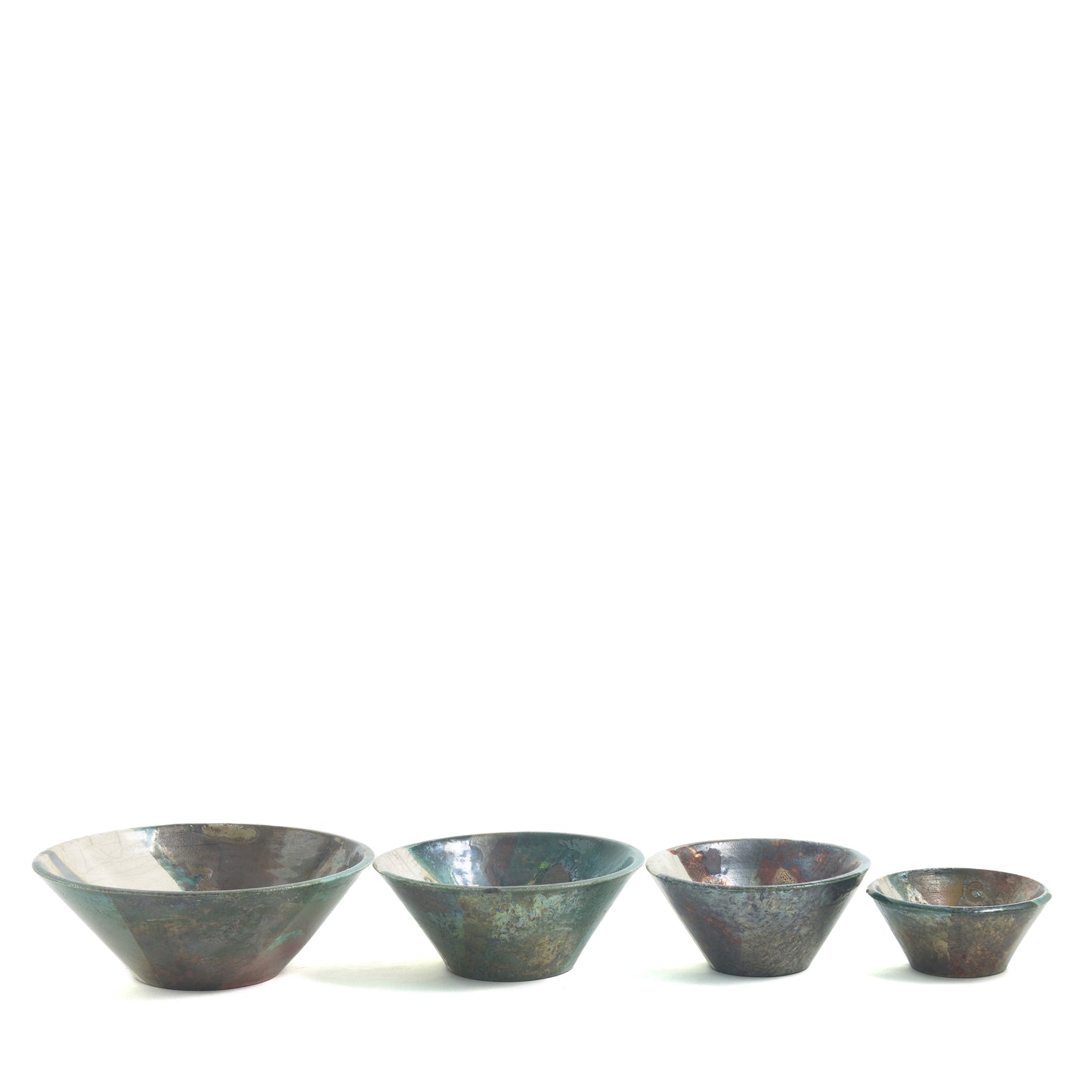 Japanese Minimalistic Aurora Set of 4 Bowls Raku Ceramics White Green Metal