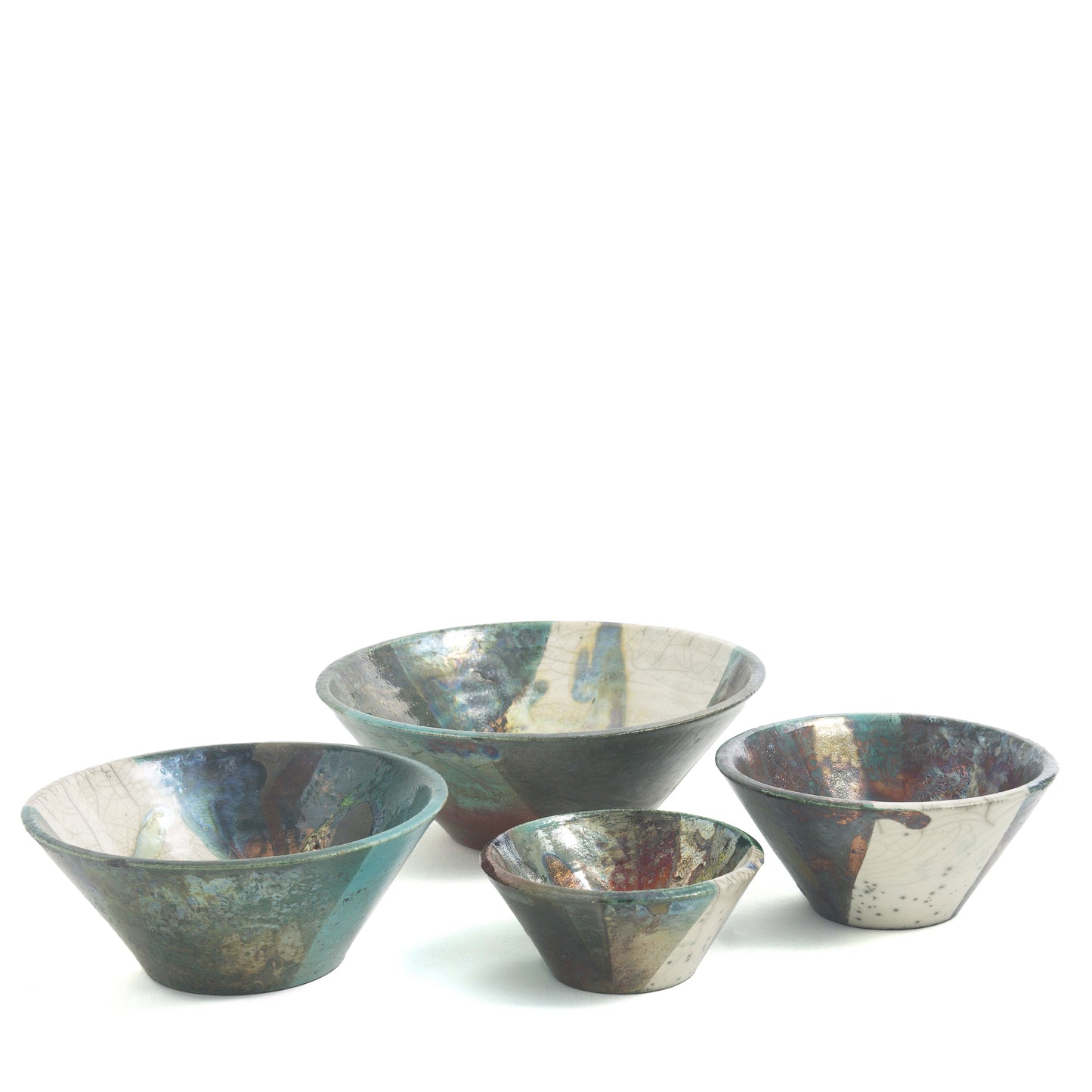 Japanese Minimalistic Aurora Set of 4 Bowls Raku Ceramics White Green Metal