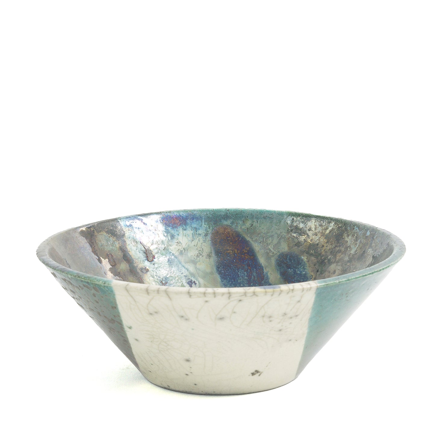 Japanese Minimalistic Aurora Set of 4 Bowls Raku Ceramics White Green Metal