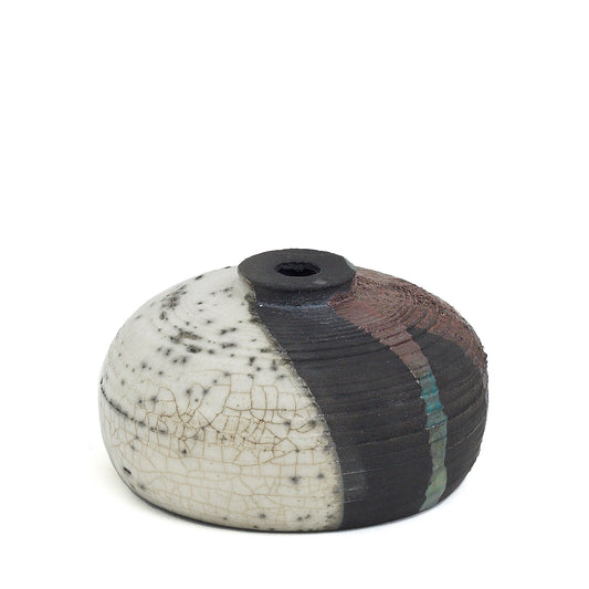 Japanese Modern Nauru Sculpture Raku Ceramic Green White Black Metal